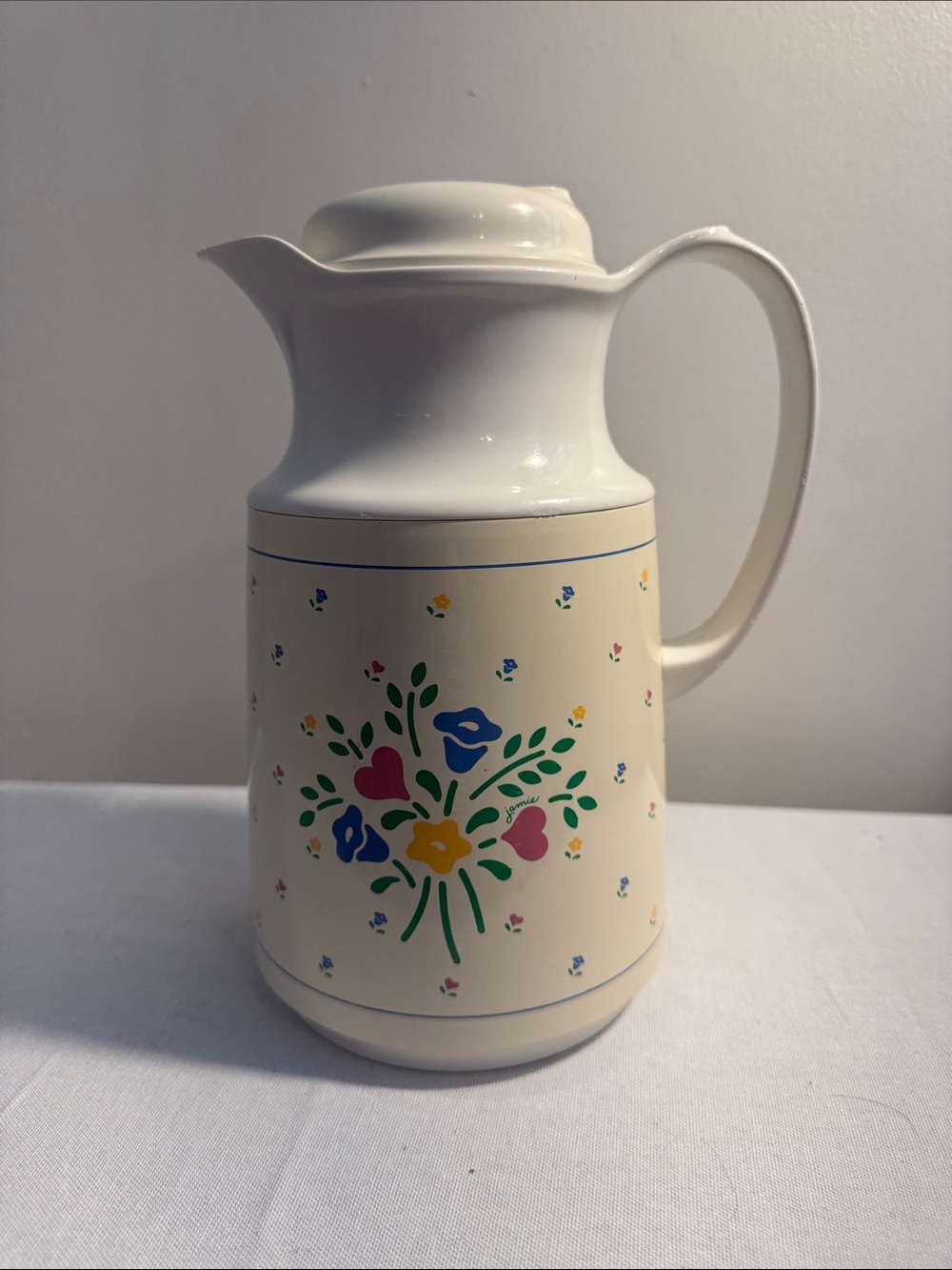 Vintage Thermos 1985 White Floral Pitcher with Colorful Bouquet Design
